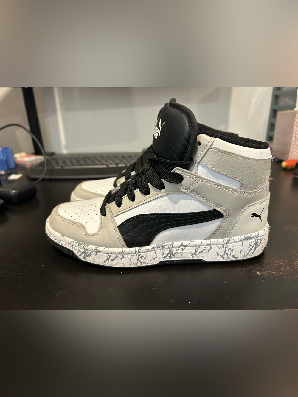 Puma Kids High-Top Sneakers — Black, White & Light Gray